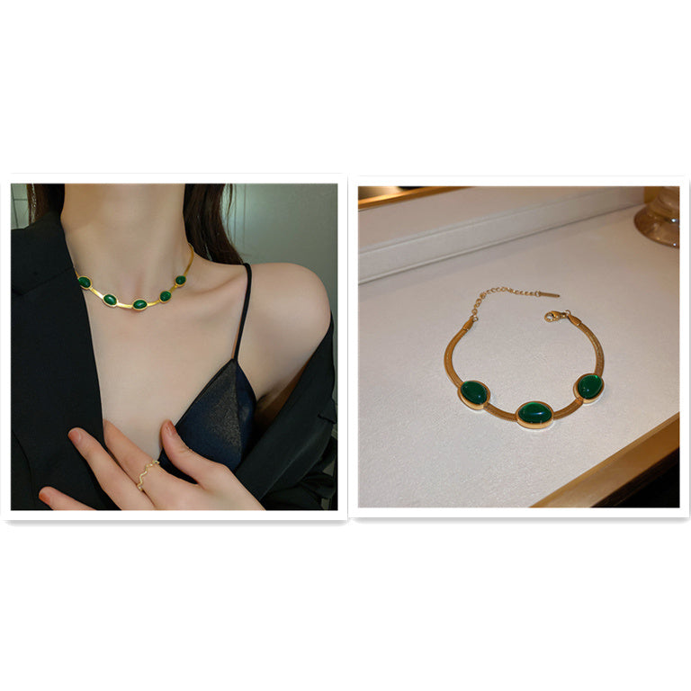 Green Stone Crystal Snake Chain Multilayer Necklace