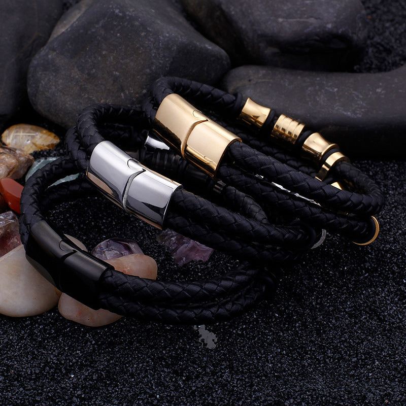 Gold Color Stainless Steel Leather Bracelet