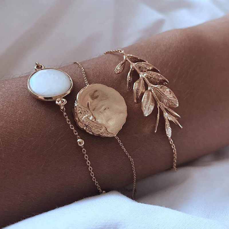 Double round wide pattern leaf five-piece bracelet