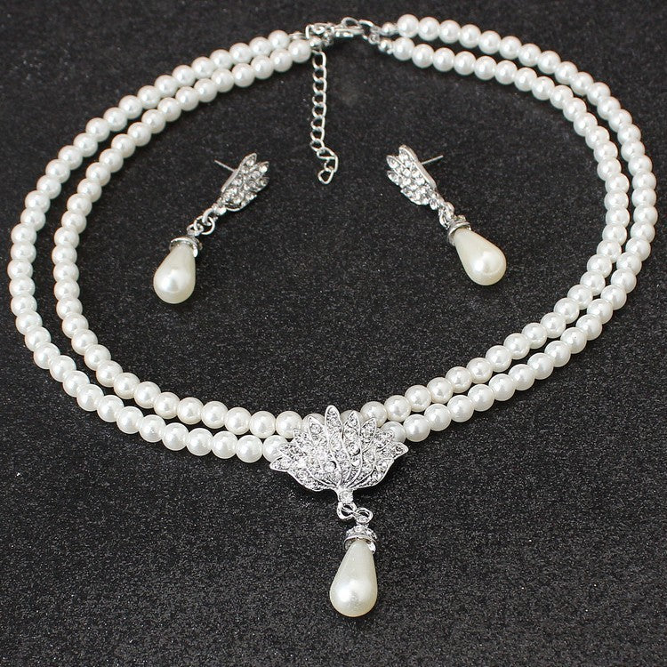 Jewelry Bride Pearl Crystal With Short Collarbone Neck Necklace Set Earrings