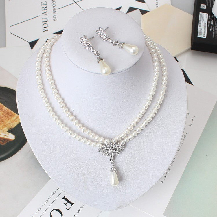 Jewelry Bride Pearl Crystal With Short Collarbone Neck Necklace Set Earrings