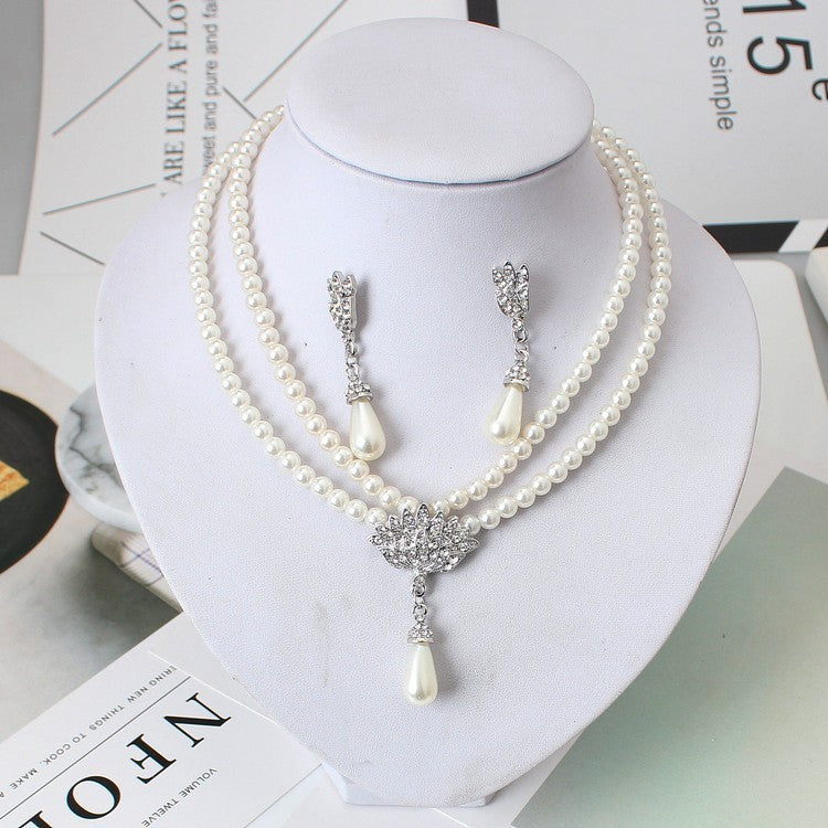 Jewelry Bride Pearl Crystal With Short Collarbone Neck Necklace Set Earrings