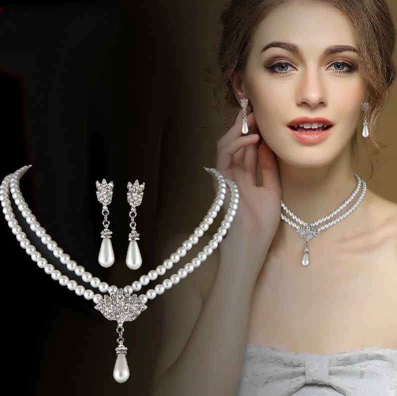 Jewelry Bride Pearl Crystal With Short Collarbone Neck Necklace Set Earrings