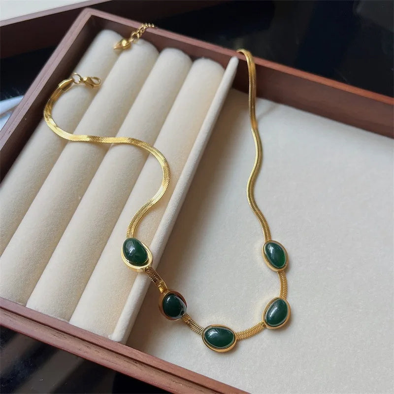Green Stone Crystal Snake Chain Multilayer Necklace