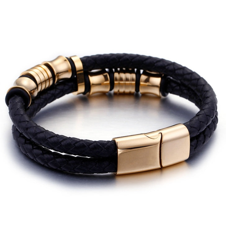 Gold Color Stainless Steel Leather Bracelet