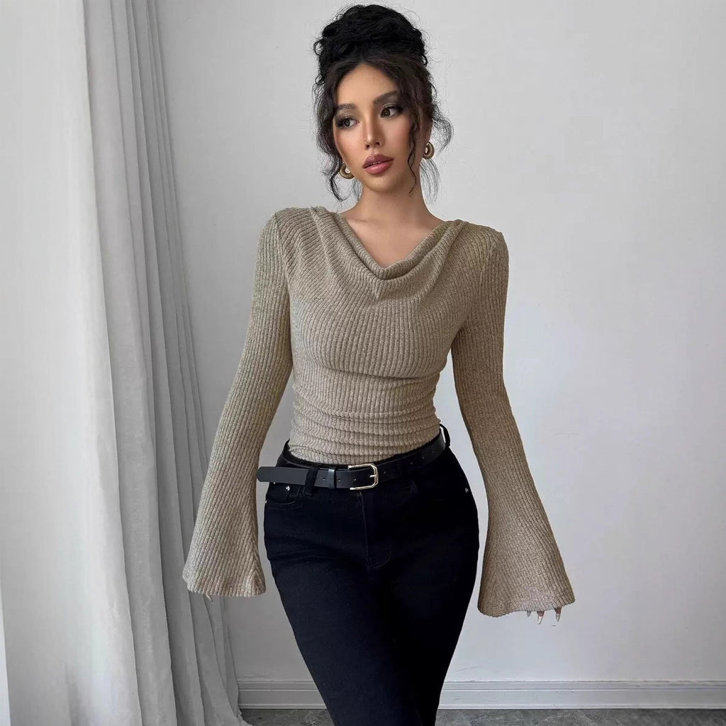 Off-the-shoulder Slim Knit Long-sleeved Top