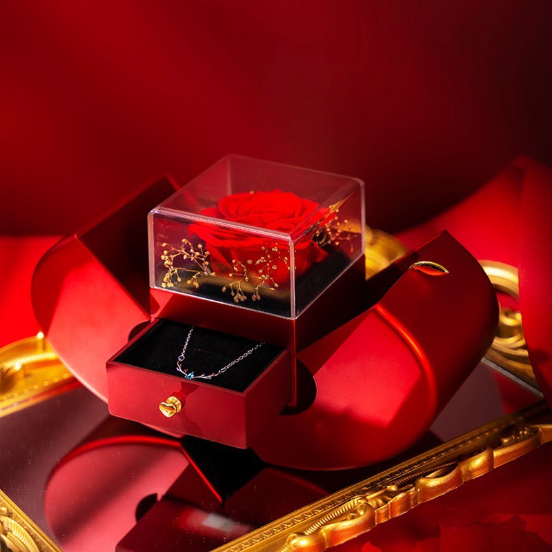 Fashion Jewelry Box Red Apple Christmas, Gift Necklace With Artificial Flower Rose Jewelry Box