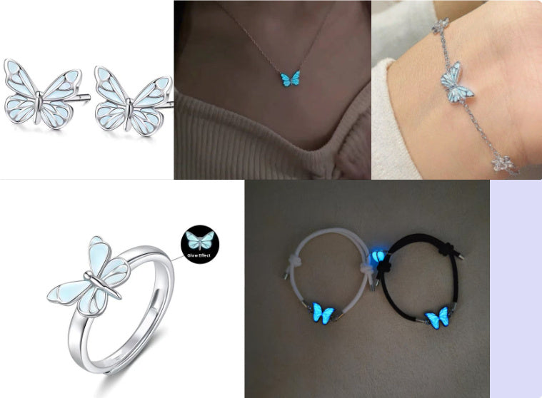 Blue Luminous Butterfly Necklace Bracelet Set For Glow In The Dark