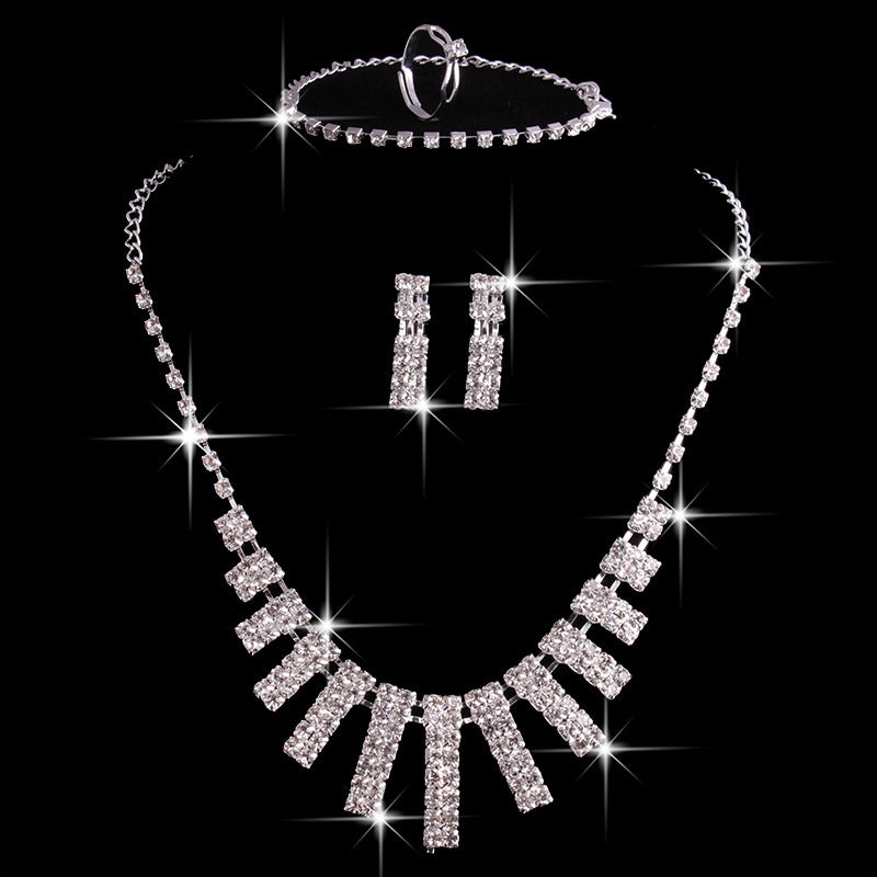 4 Pieces Rhinestones Necklace Set With Earrings Ring And Bracelet Fashion Jewelry