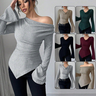 Off-the-shoulder Slim Knit Long-sleeved Top