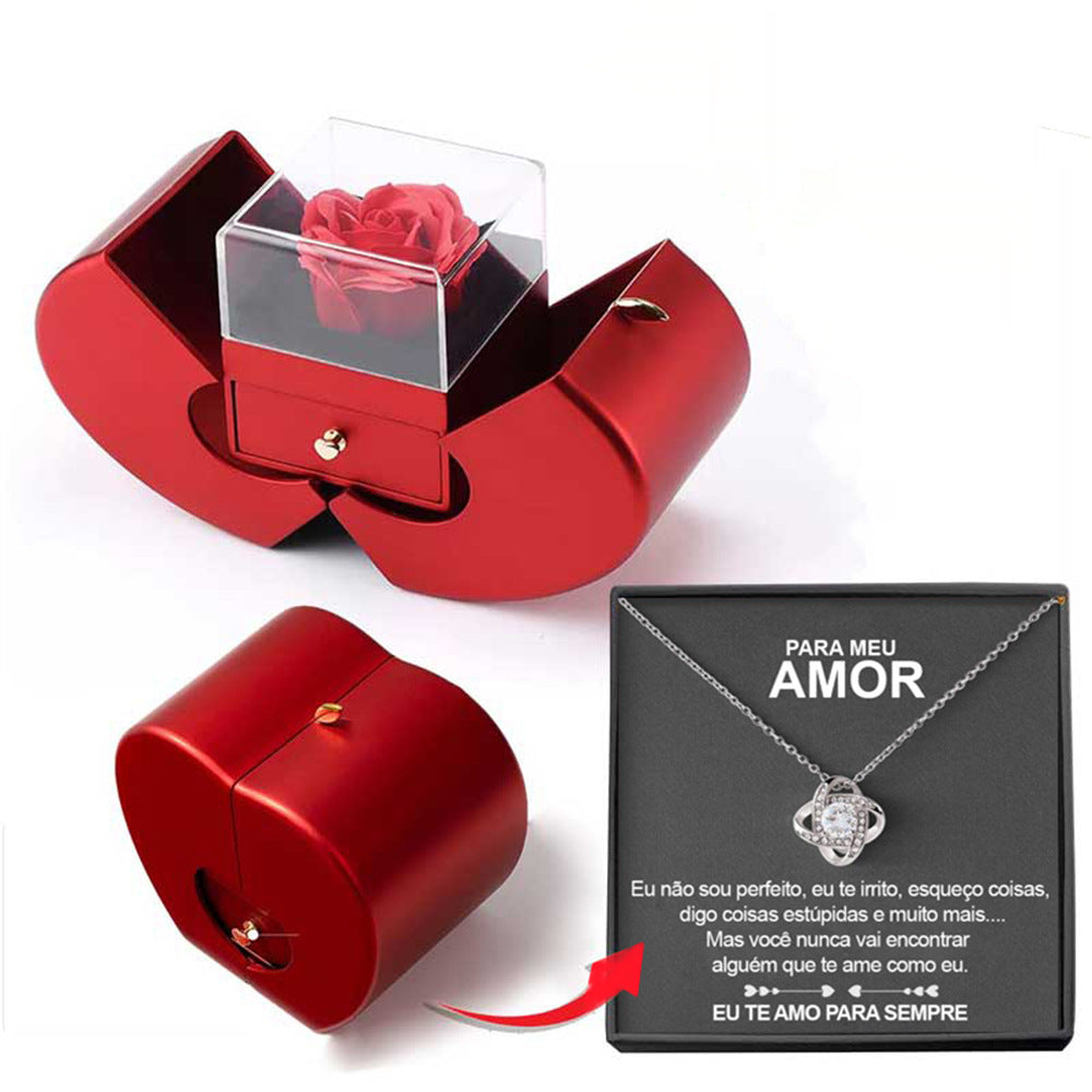 Fashion Jewelry Box Red Apple Christmas, Gift Necklace With Artificial Flower Rose Jewelry Box