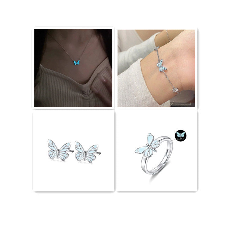 Blue Luminous Butterfly Necklace Bracelet Set For Glow In The Dark