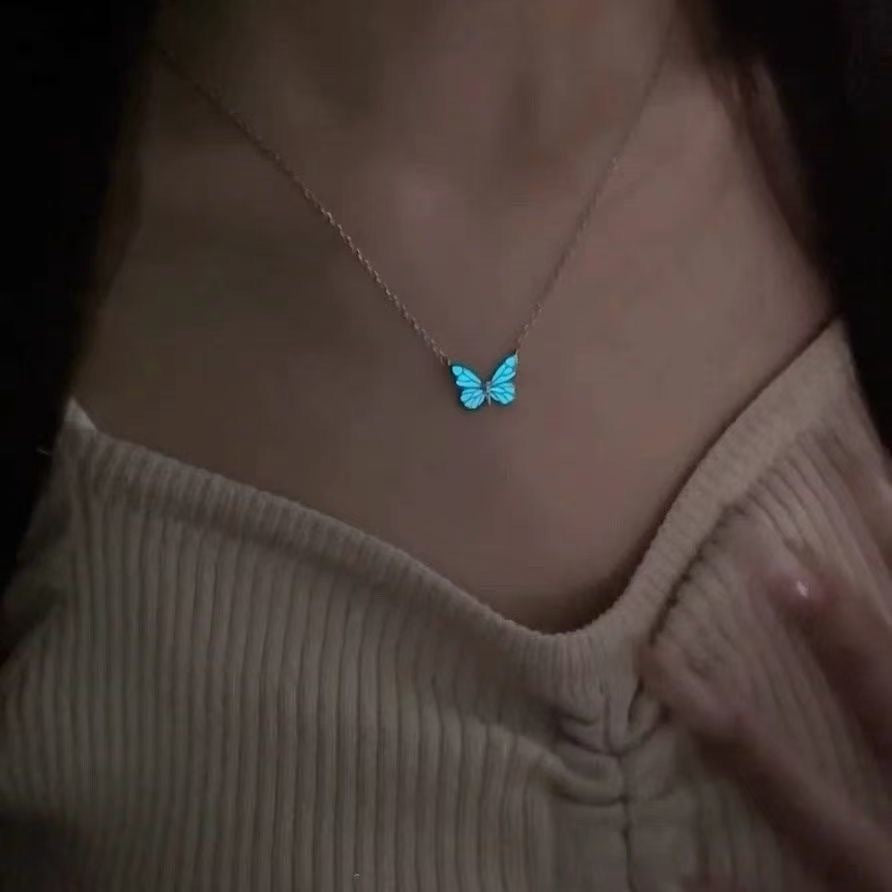 Blue Luminous Butterfly Necklace Bracelet Set For Glow In The Dark