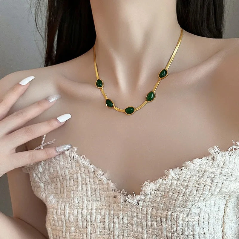 Green Stone Crystal Snake Chain Multilayer Necklace