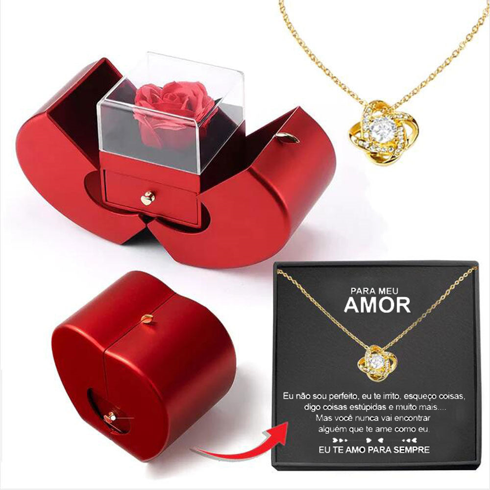 Fashion Jewelry Box Red Apple Christmas, Gift Necklace With Artificial Flower Rose Jewelry Box