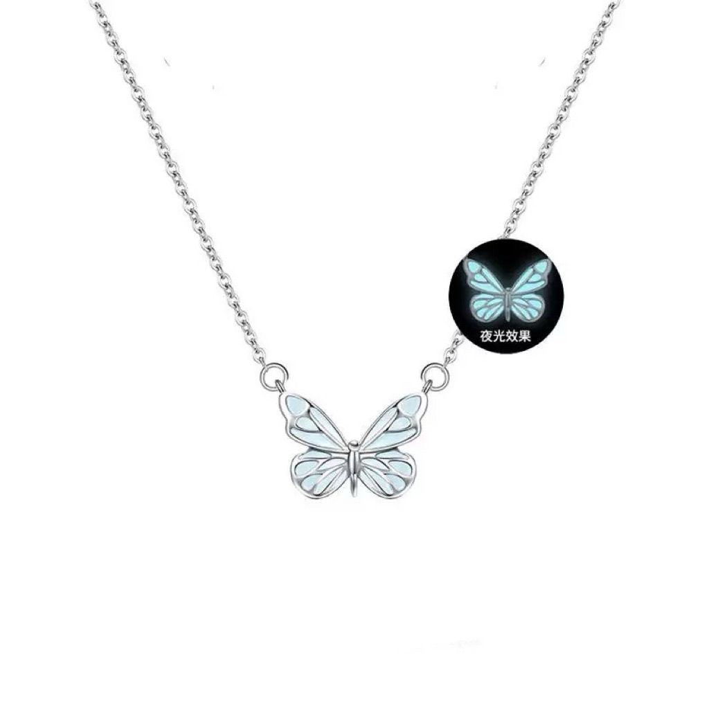 Blue Luminous Butterfly Necklace Bracelet Set For Glow In The Dark