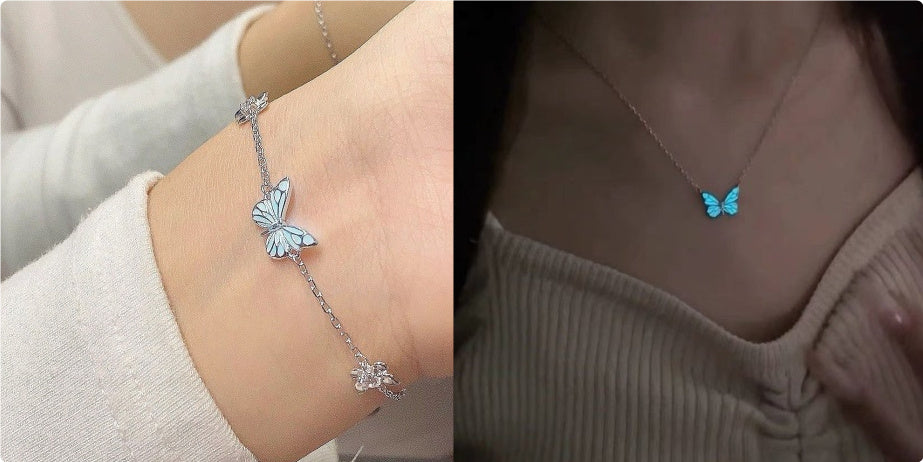 Blue Luminous Butterfly Necklace Bracelet Set For Glow In The Dark