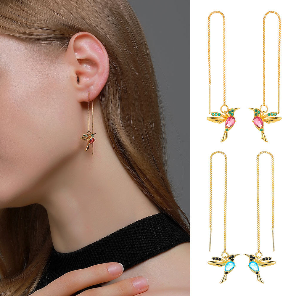 Little Bird Drop Long Hanging Hummingbird Earrings