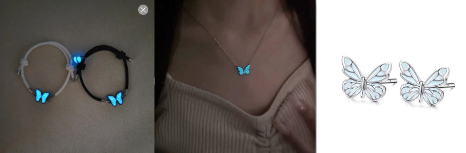 Blue Luminous Butterfly Necklace Bracelet Set For Glow In The Dark