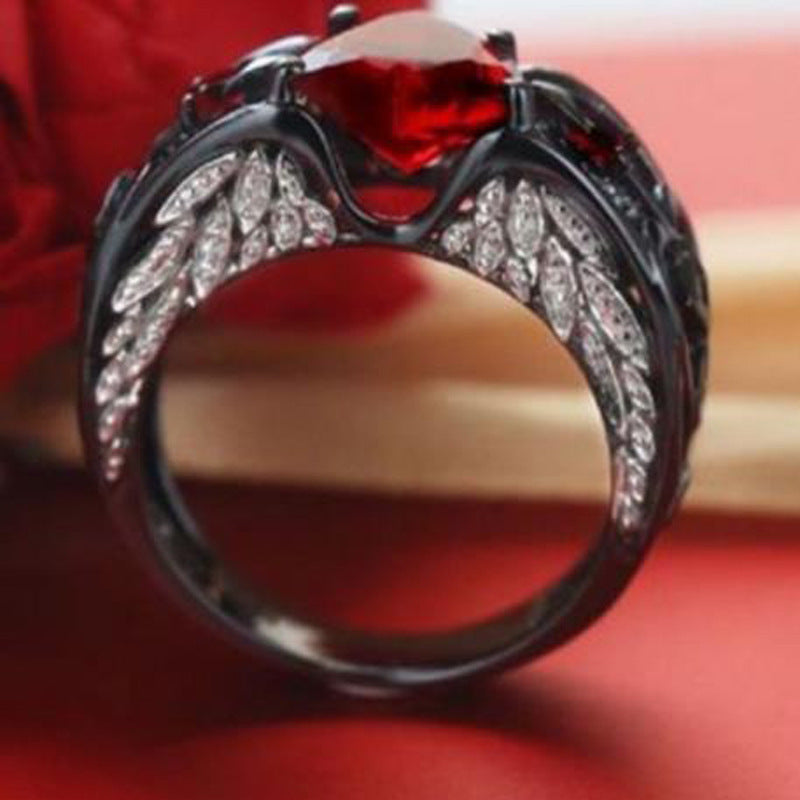 Creative Design Diamond Ring Heart-shaped Ruby  Black Gold Ring