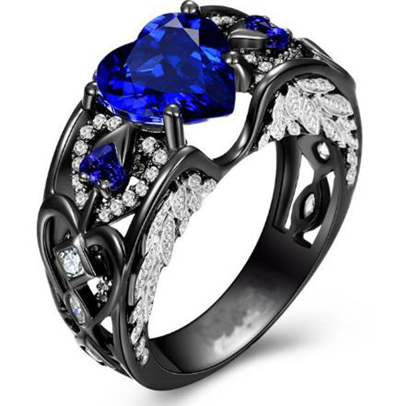 Creative Design Diamond Ring Heart-shaped Ruby  Black Gold Ring