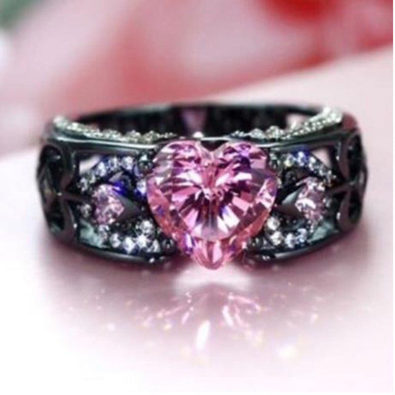 Creative Design Diamond Ring Heart-shaped Ruby  Black Gold Ring