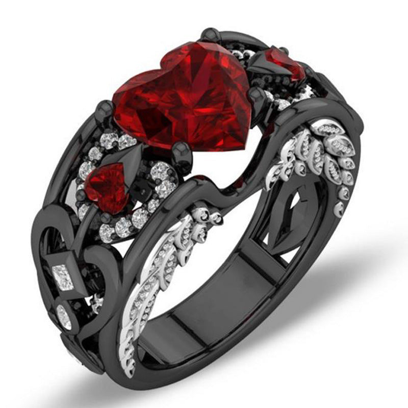 Creative Design Diamond Ring Heart-shaped Ruby  Black Gold Ring