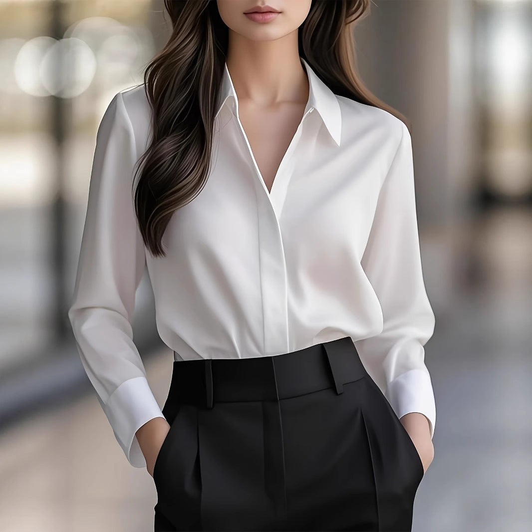 Long Sleeve Simple Blouse Lapel Versatile Loose