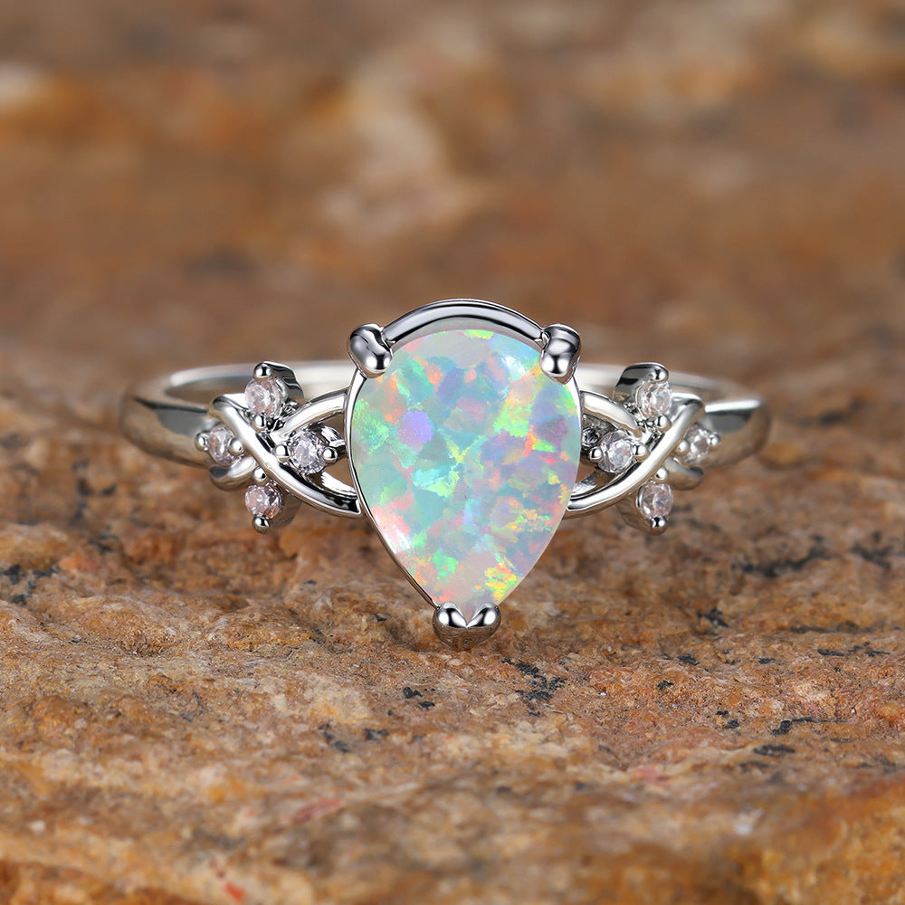 Drop-shaped Inlaid Zircon White Diamond Flower Ring