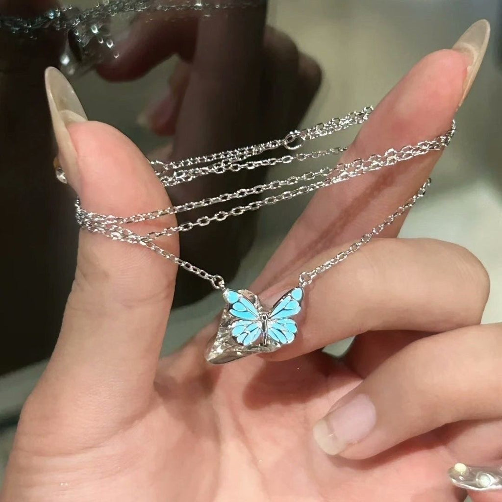 Blue Luminous Butterfly Necklace Bracelet Set For Glow In The Dark
