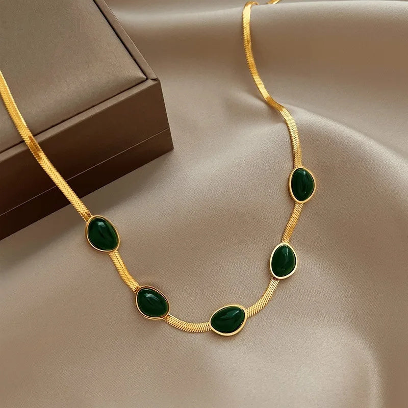 Green Stone Crystal Snake Chain Multilayer Necklace