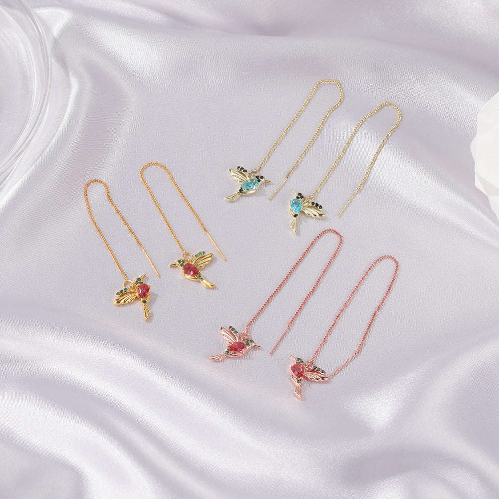 Little Bird Drop Long Hanging Hummingbird Earrings