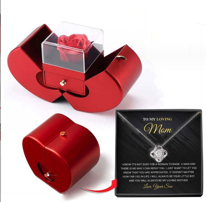 Fashion Jewelry Box Red Apple Christmas, Gift Necklace With Artificial Flower Rose Jewelry Box