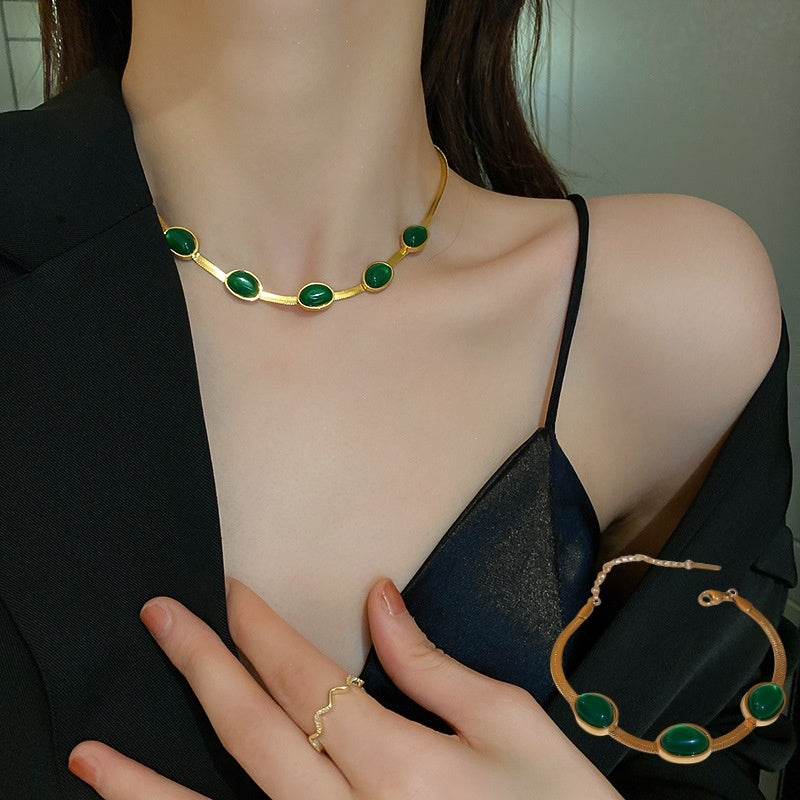 Green Stone Crystal Snake Chain Multilayer Necklace