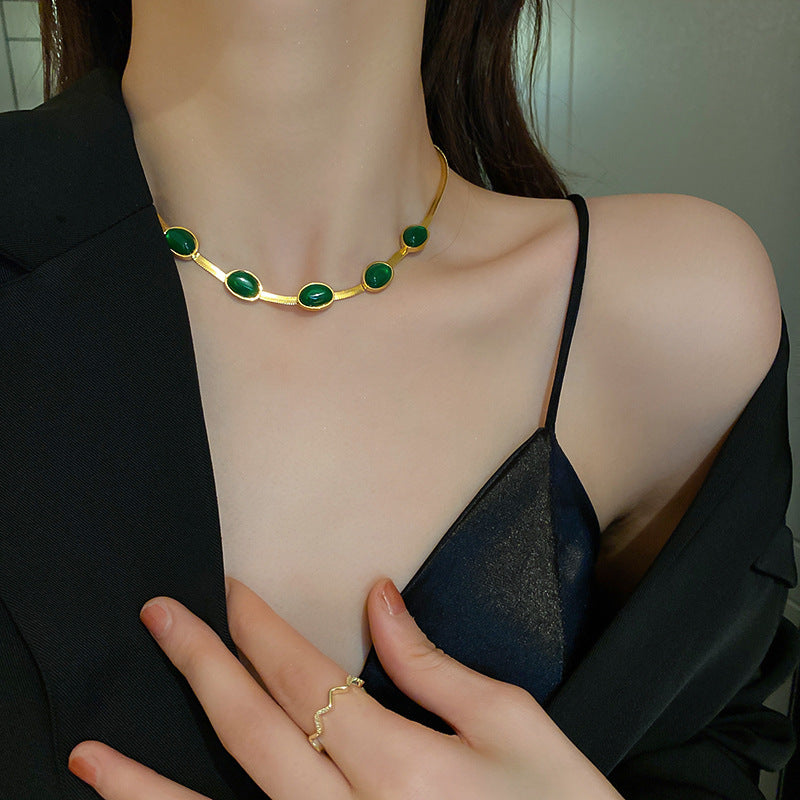 Green Stone Crystal Snake Chain Multilayer Necklace