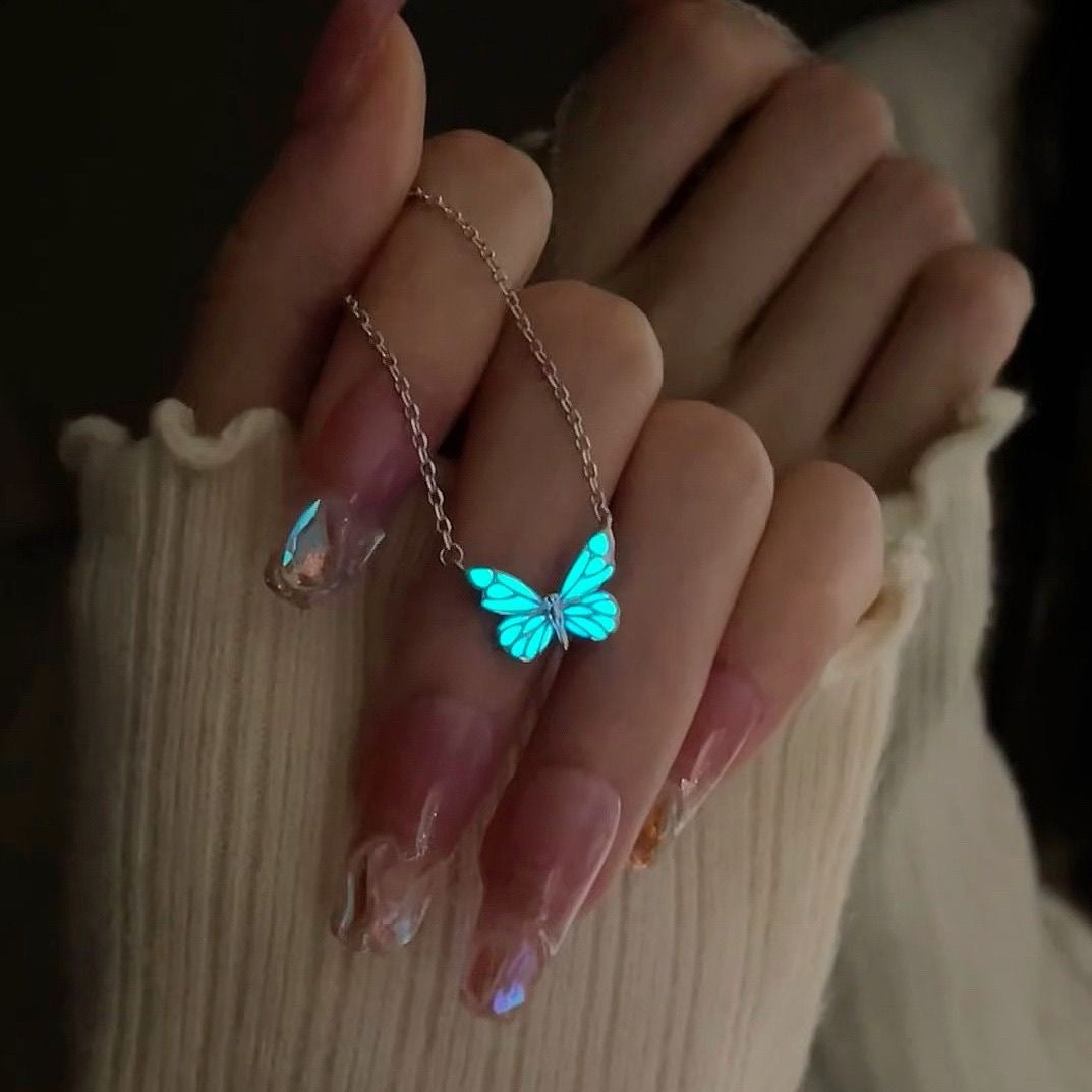 Blue Luminous Butterfly Necklace Bracelet Set For Glow In The Dark