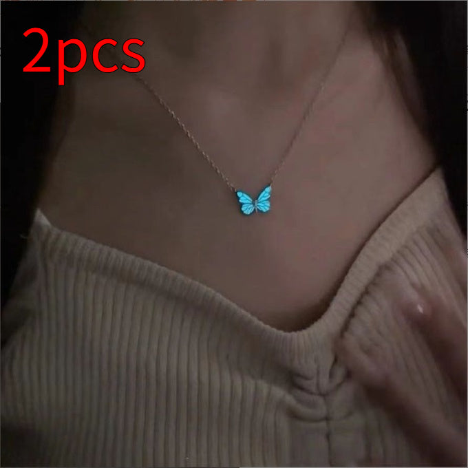 Blue Luminous Butterfly Necklace Bracelet Set For Glow In The Dark
