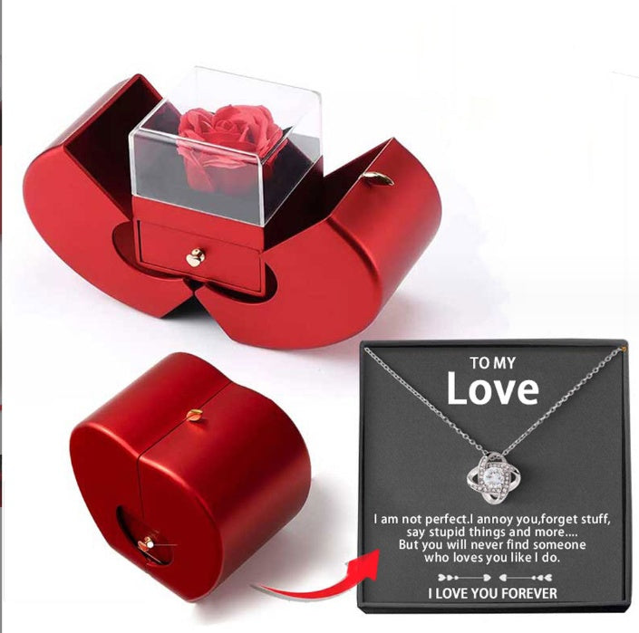 Fashion Jewelry Box Red Apple Christmas, Gift Necklace With Artificial Flower Rose Jewelry Box