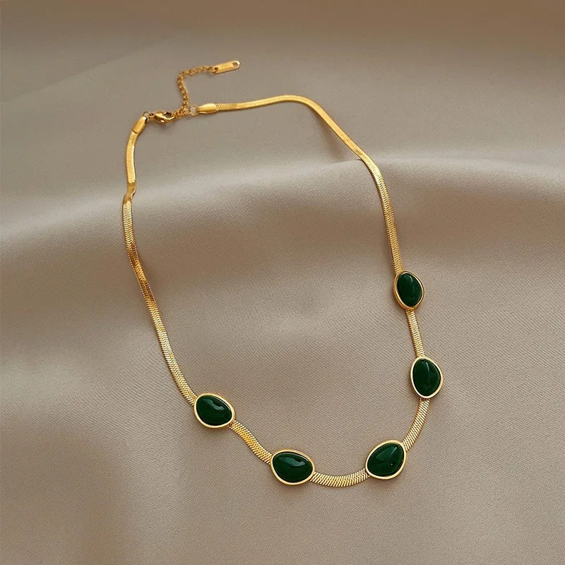Green Stone Crystal Snake Chain Multilayer Necklace
